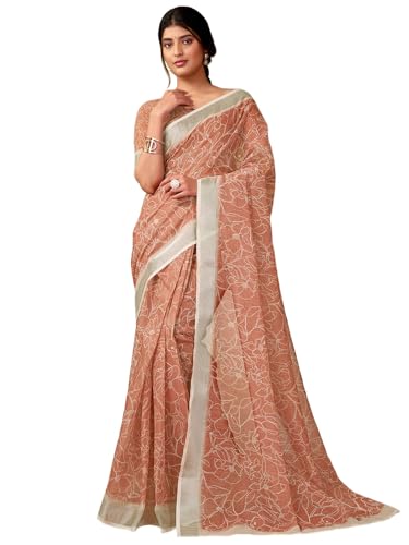 Image of Satrani Women's Linen Printed & Zari Border Ready To Wear One Minute Pre Pleated Readymade Saree with Unstitched Blouse Piece