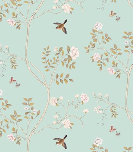 Hopepak Light Blue Floral Bird Peel and Stick Wallpaper, 16.1" x 78.7"