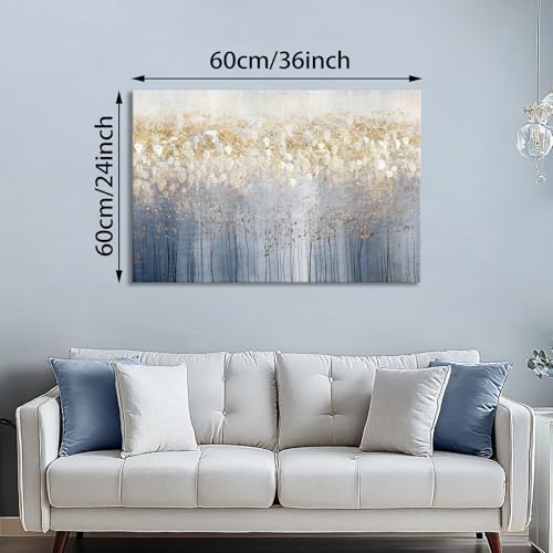 FajerminArt Mit Rahmen Blüte Baum Leinwand Bilder, Abstrakt Grau Gold Geblümt Bild auf Leinwand Bild Kunstdruck, Modern Wandbilder XXL Deko für Wohnzimmer Schlafzimmer fertig zum Aufhängen 90x60cm