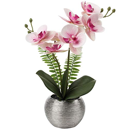 Orquídeas artificiales pequeñas rosa claro Briful con maceta cerámica plata de sobremesa 2
