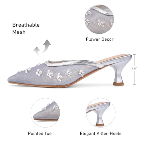 Image of Women Kitten Heel Mules Crystal Flower Decor Mesh Pointed Toe Low Heel Casual Pumps