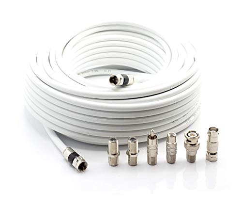 Review Product Digital Coaxial Cable Kit with Universal Ends -RG6 Coax Cable and six (6) Piece Adapter Kit Includes Male Female RCA BNC F81, and Barrel Connectors - White, 150 Feet