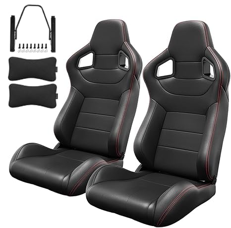 2 Pieces Universal Bucket Racing Seats, PVC Leather Bucket Seats with Dual Sliders, 2 Headrest Pillows, Reclinable Carbon Look for Driver and Passenger Side 22.04'' W x 36.6'' H x 21.6'' D (Black A)