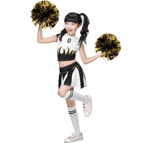 LOLANTA Girls Cheerleader Costume Halloween Cheer Outfit with Pom Pom | 4Pcs Complete Cheerleader Set: Top, Skirt, Socks and Pom Poms, Cheer Outfits for Halloween Cosplay Party Christmas