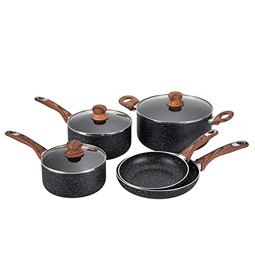 Hamilton Beach Cookware Set, 8-Pieces, Nonstick Aluminum, PFOA-Free Marble Coating, Wood Pattern Soft-Touch Handles, Induction Compatible, 2 Skillet Fry Pans, 2 Sauce Pans, Dutch Oven, Glass Lids