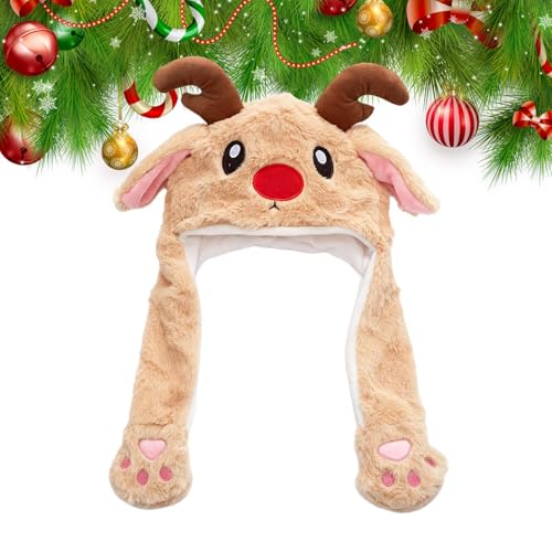 動く耳付きのかわいいクリスマストナカイ帽子、クリスマスぬいぐるみ帽子、面白い冬のパーティーアクセサリー、子供、男の子、ンテンツクリエイター女の子のコスプレ愛好家向けコ