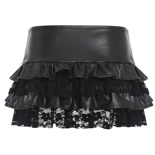 Women's Leather Micro Mini Skirt Y2k Low Waist Ruffle Hem Layered Lace Patchwork Skirt for Club Party4