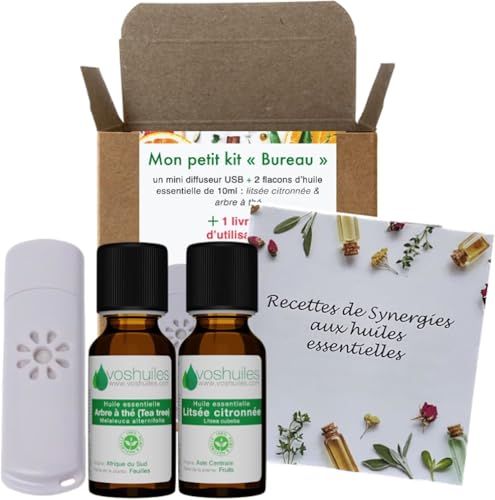VOSHUILES - Mon Petit Kit Bureau - 2 Huiles Essentielles Bio - 100% Pure et Naturelle - HEBBD, Ecocert - Niaouli, Tea Tree - Mini Diffuseur USB Inclus - Concentration &...