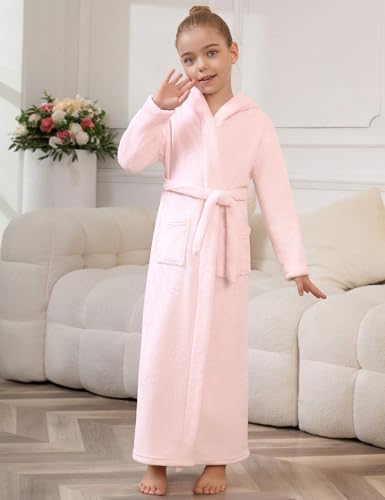 Image of Jxstar Girls Bathrobes Kids Long Hooded Robes Plush Full Length Coral Fleece Pajamas Sleepwear
