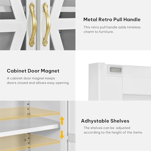 DWVO Display Cabinet with LED Lights, 61" Metal Display Case with Glass Barn Doors for Collectibles, Organizer Cabinet with 3 Adjustable Shelves and Drawer for Living Bedroom, Office, White