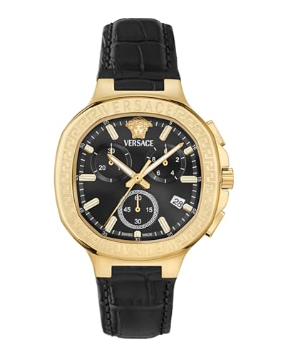 Versace V-Chrono Square Collection Luxury Womens Watch Timepieces with a Black Strap and Dial Featuring a Gold Case