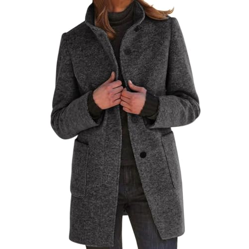 Generisch wintermantel damen lang Wollmantel Winter Warm Wintermantel Mittellanger Elegantes Mantel Winddichter Übergangsmantel Einfarbig Damenmantel mit Kragen und Knöpfen...