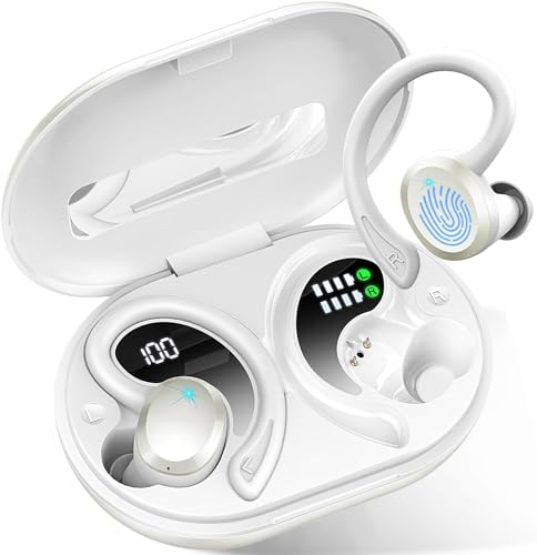 Wireless Earbuds, Bluetooth 5.3 Headphones with HiFi Stereo, 48Hrs HD Mic Noise Cancelling Ear Buds, Wireless Headphones with Sports Earhooks, IP7 Waterproof Bluetooth Earphones for Running Gym, White