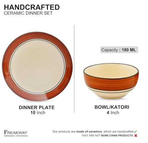 Image of Freakway Glossy Finish Brown and White Handcrafted Dinner Set Ceramic Stoneware Dinner Set of 4 Pieces | 2 Dinner Plates & 2 Serving Bowl | Dishwasher & Microwave Safe - Multicolor