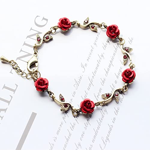 MLEPUS Red Rose Flower Link Charm Bracelets for Women Vintage Exquisite Rose Necklace Pendant Bracelet Set Clothing Accessories Festival Party Birthday Wedding Mother's Day Christmas Gift2