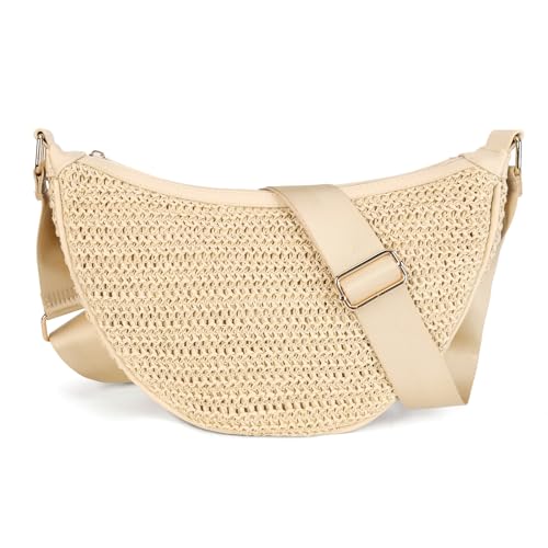 Gladdon Damen Schultertasche Strohtasche Halbmond Crossbody Tasche Geflochten Boho Sommer Umhängetasche Leicht Strandtasche Beige