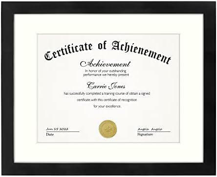 Frametory, 11x14 Certificate Frame with Mat for 8.5x11, Back Hangers for Wall Mounting, Display for Certificates, Documents, Awards, Acknowledgements, Wide Molding (Black, 1-Pack)