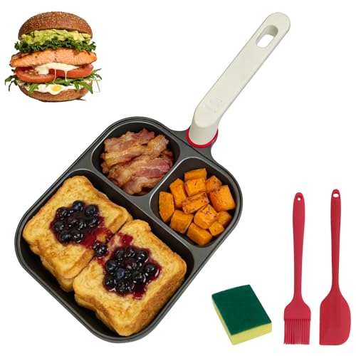 Image of Nkove 3-In-1 Titanium Divided Nonstick Egg Pan, Nonstick Breakfast Skillet with 2 Round + 1 Square Compartment for Eggs, Bacon & Pancakes, EvenHeat, Compatible with Gas Stove & Induction Cooktops