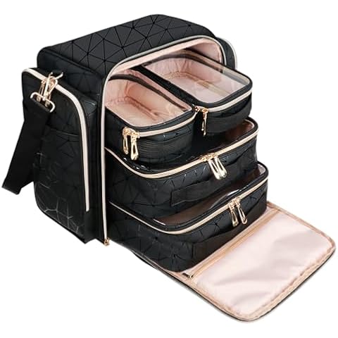 SIYNPAV Big Travel Makeup Bag with Jewelry Organizer& 4 Inner Removable Pouches, Portable Extra Large Cosmetic Case with Multiple Storage Pockets& Shoulder Strap for Makeup Organizer (Classic Black) Cover