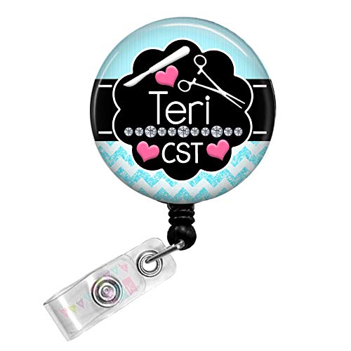 Central Sterile Processing - CSP - Personalized - Pool Blue with Pink Hearts - Chevron - Button Badge Reel - BR0237