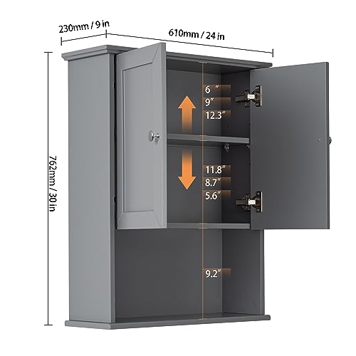 VANIRROR Grey Wall Mounted Bathroom Cabinet 24x30 Inch Wooden Over Toilet Storage Cabinet with 2 Doors, Above Toilet Medicine Cabinets for Bathroom Laundry Room Bedroom Kitchen by VANIRROR - Image 3