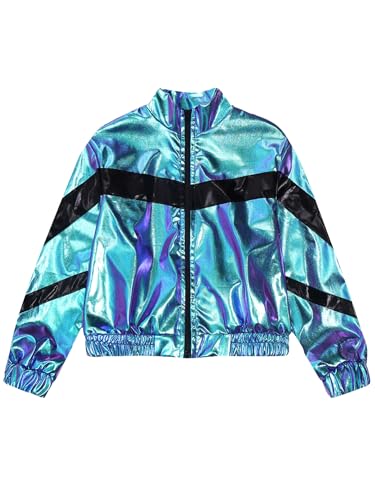 TiaoBug Kids Girls Shiny Metallic Bomber Jacket Long Sleeve Zipper Coat Motorcycle Baseball Windbreaker Outerwear3