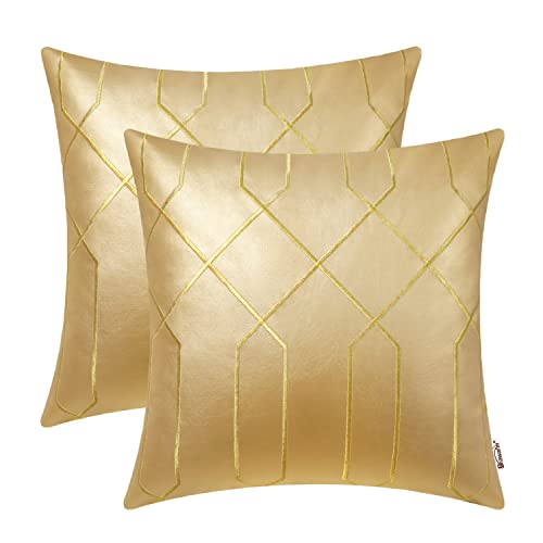 BRAWARM Gold Faux Leather Throw Pillow Covers 16x16 Inches, 2 Pack