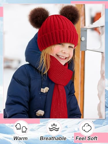 Image of JaGely 2 Sets Kids Winter Hat Gloves Scarf Set Girls and Boys Knit Hat with Pom Warm Scarf Snow Gloves for 3-10 Years Toddler