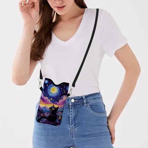 Image of Neoprene Cell Phone Sleeve Pouch Case Bag with Crossbody Strap Neck Lanyard for Women 7.1 X 3.9 in Sky Cat