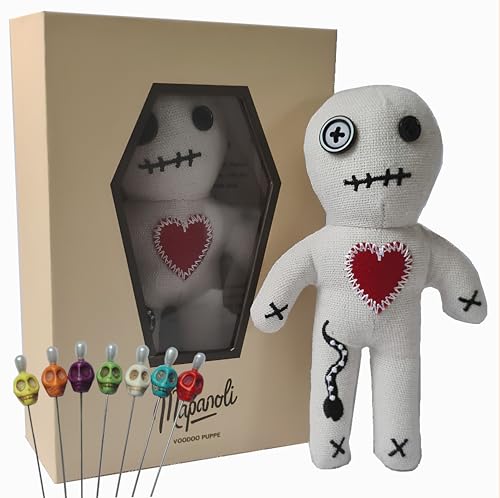 Poupée vaudou avec aiguilles de vaudou et instructions (français non garanti) (extra large 16 cm faite à la main) – Ensemble d'épingles à tête de mort extra larges | Cadeau amusant pour amis
