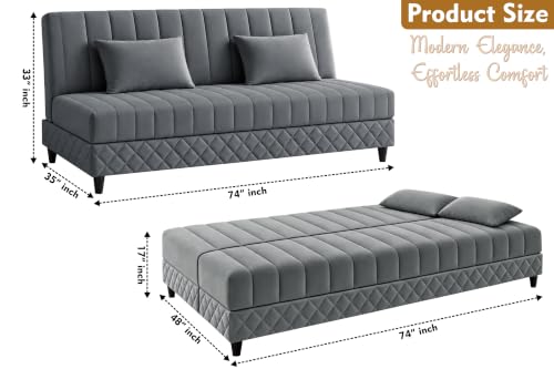 Image of 3-Seater Velvet Sofa Cum Bed | Tufted Convertible Sleeper Sofa | Plush Cushioned Seating | Space-Saving Design for Living Room, Bedroom & Office | Grey