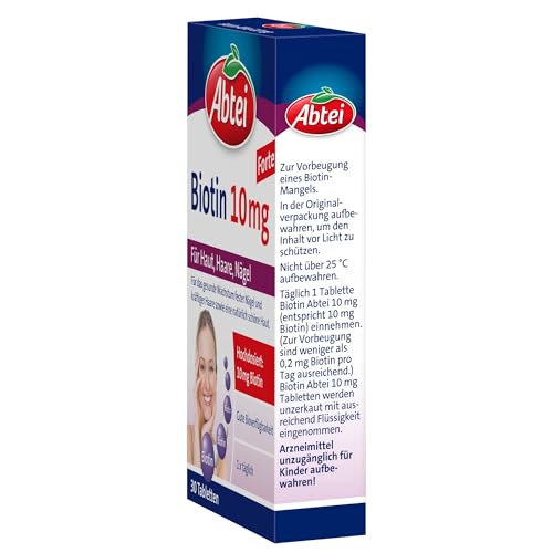 Abtei Biotin 10mg Forte - hochdosiertes Biotin - für schöne Haut, Haare und Nägel - zur Vorbeugung von Biotinmangel - laborgeprüft - 30 Tabletten