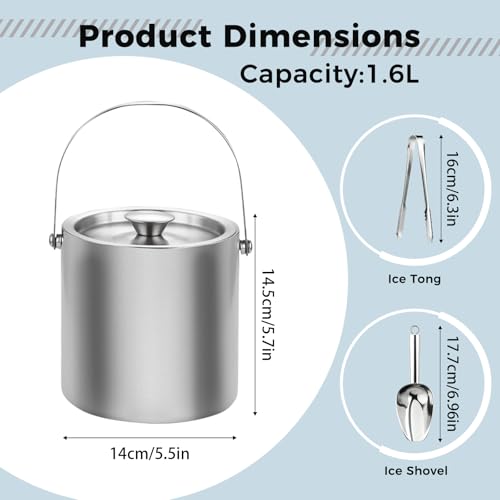 1.6L Double Walled Stainless Steel Ice Bucket with Lid and Tongs, Ices Scoop, for Home Bar, Restaurant, BBQ, Clubs and Picnics, Ice Buckets for Parties - Image 3