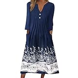 3/4 Sleeve Casual Deress for Women Button Up Mid Long Sleeve Floral Print Dress with Pockets Flowy a Line Dress