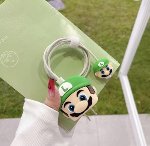 Image of INEFABLE Charger Case Cover Protector with 3D Cute Pattern for iPhone Charger only 18W & 20W, Data Charging Cable Wire Saver Protective Cable Cover Full Protection - Set of 1 (Green Mario)