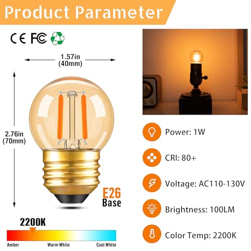 Image of G40 LED Low Watt Light Bulbs Warm Glow E26 Amber 1W 10 Watt Light Bulb,Low Lumen Light Bulb Small Edison Short Dim Light Bulbs for Lamp,Bedroom (Amber 2200K, 6 Count)