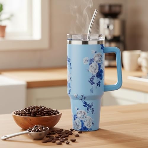 Image of Silver Shark Insulated Tumbler with Straw and Handle |Color Blue Flower| 1200 ML