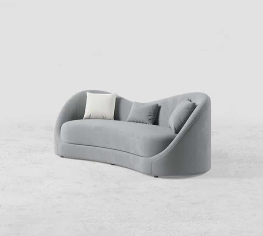 Image of Stylish Velvet Curved Modern Style Low Height 3 Seater Sofa with 3 Pillows (Grey)