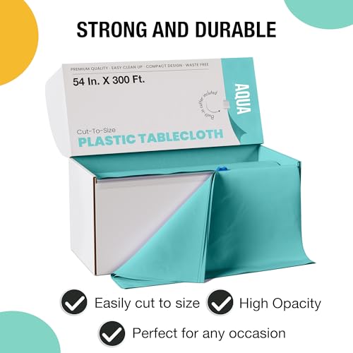 Image of Exquisite Party Solids 54 Inch X 300 Feet Aqua Plastic Table Cover Roll in A Cut - to - Size Box with Convenient Slide Cutter. Cuts Up to 36 Rectangle 8 Feet Plastic Disposable Tablecloths