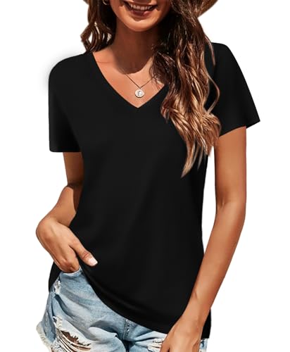 Elesomo Women T-Shirts Short Sleeve Tops V Neck Cotton Tee Shirts, Black L