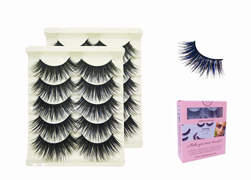 Cat Eye Lashes Blue Fluorescent Colorful 5D False Eyelashes Fluffy Thick Faux Mink Lashes 10 Pairs Pack Dramatic Long Crossed Fake Eye Lashes Multipack Lashes
