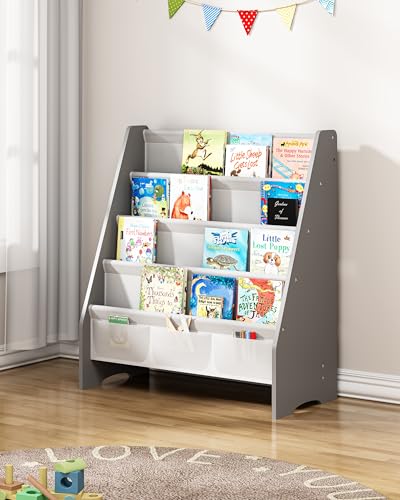 Image of SEIRIONE Sturdy Kids Bookshelf,4-Tier Book Shelf for Kids Room with Tear-Proof Oxford Fabric-Nursery Room Playroom Classroom,Deep Slings to Keep Books Upright,Ideal Height for Toddler Age 3+, Grey