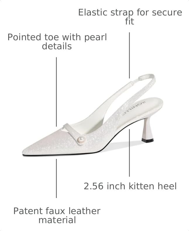 Image of Women Kitten Heels Slingback Low Heel Pumps Dress Shoes for Women Closed Pointed Toe Pearl Heels for Work Wedding Bridal