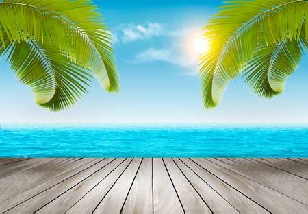 adrium Cuadro en lienzo de 100 x 70 cm: fondo de vacaciones, playa con palmeras y mar azul, vector (39499018)