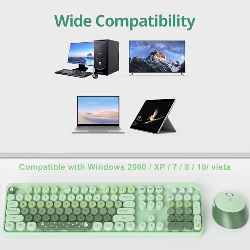Image of Fogruaden Green Keyboard and Mouse Wireless, Retro Typewriter Keyboard, 2.4GHz 104 Keys Full Size Cute Keyboard with Number Pad, Gradient Colorful Keyboard with Round Keycaps for Windows PC Laptop