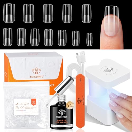 modelones X Nail Gel Kit Kit Short Square 9-in-One Nail Glue with Portable U V Lamp 216Pcs 12Sizes Pre-Etched Press ons Fake Acrylic Extension Kit DIY Salon Gift for Women