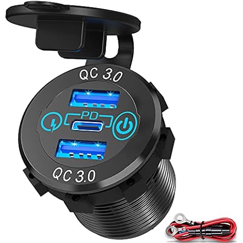 Ouffun 56W USB C Car Charger Socket, Aluminum Metal 12V/24V Multiple USB Outlet PD 20W USB-C and Dual QC3.0 Ports with Power Switch USB Port 12V Socket for Car RV Boat Marine Truck Golf Motorcycle Cover