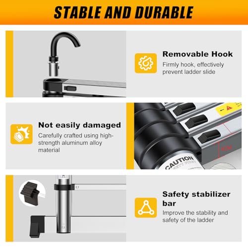 HUIYOPU Teleskopleiter 6.2m, Aluminium-Leiter mit Haken, Stabile Grundlast, Mehrere HöHen, Geeignet füR Leichte Arbeiten Auf Dem Dachboden, Zu Hause, Beim Camping und Mehr