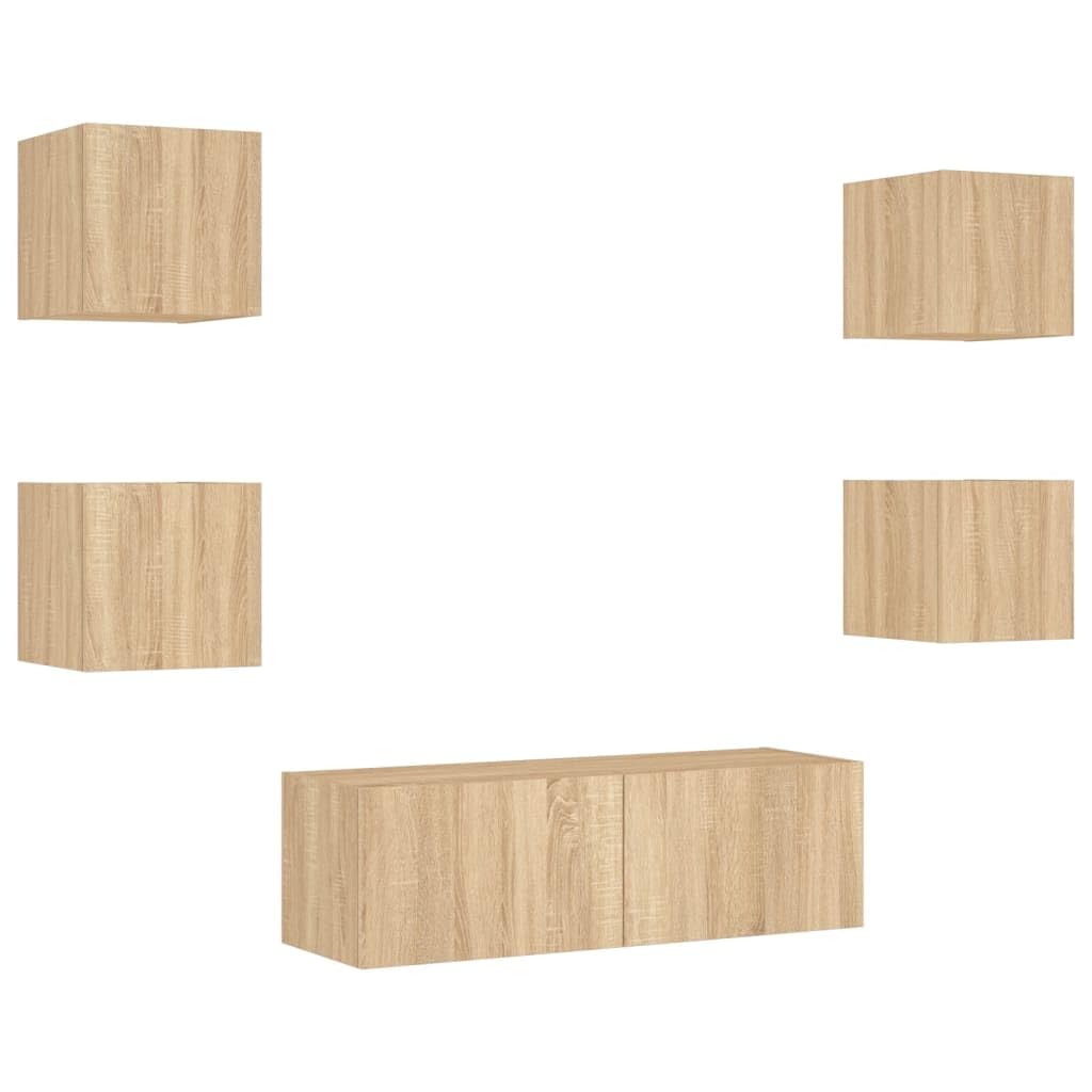 Gecheer 5-TLG.TV da parete con luci a LED, pensili per TV, armadietti sospesi, pensili per TV, armadio, parete multimediale, pensili, TV, soggiorno, rovere Sonoma