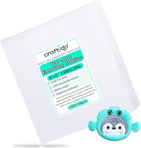 Craftido 8x8 Inch Tear Away Embroidery Stabilizer - 100 Sheets, Medium Weight For 4x4 & 6x6 Hoops
